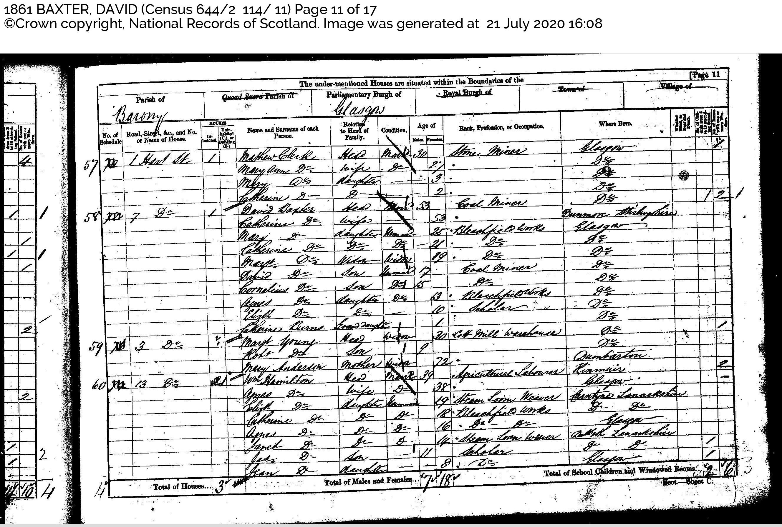 Hotchiss, Catherine + Baxter, David - 1861 Census, 2020-07-21 8:11:37 AM, Linked To: <a href='i11110.html' >Catherine Hotchkiss 🔗</a>